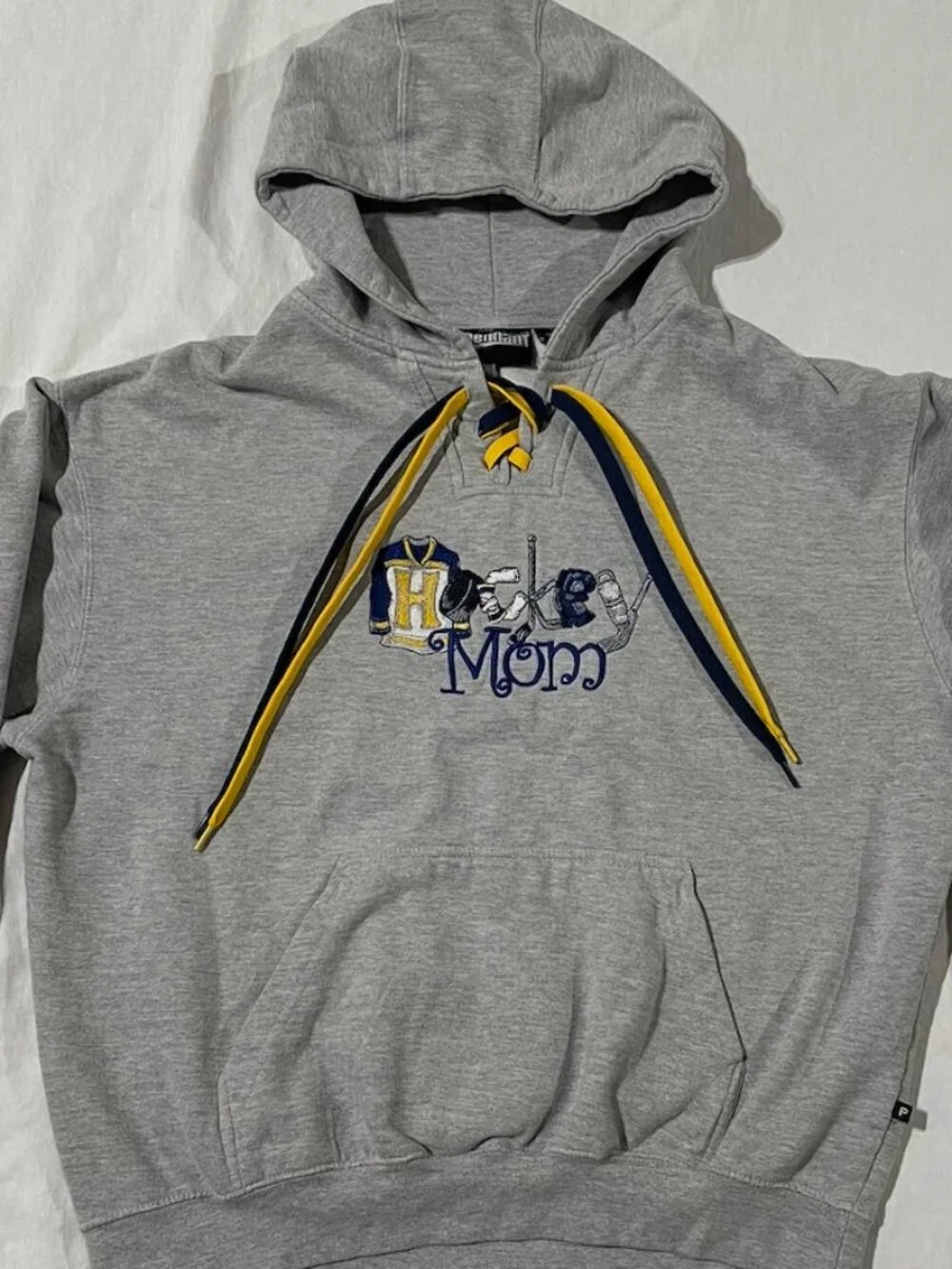 Pennant Sportswear Hockey Mom Lace-Up Hoodie Gray Navy Yellow L Travel Team Mom